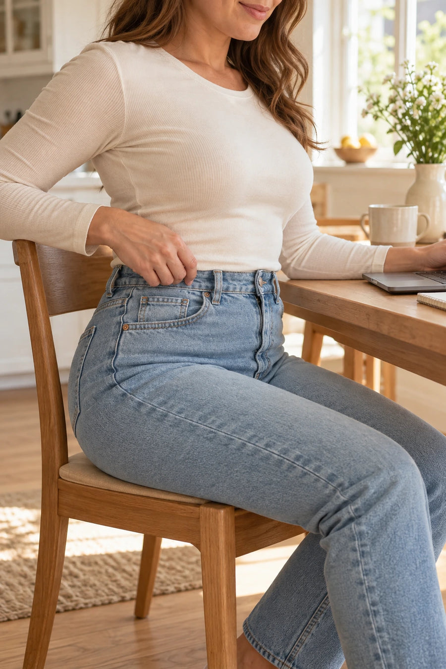 Frau sitzt in Jeans am Tisch und zeigt den glatten Sitz des Lindea Postpartum-Slips