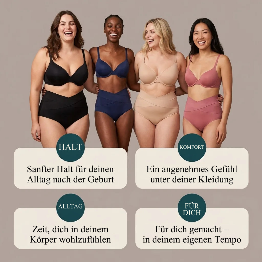 Vier Frauen tragen den Lindea Postpartum-Slip in Schwarz, Navy, Beige und Pink