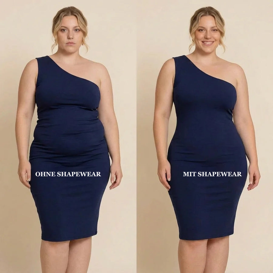 Enges navyblaues Kleid ohne und mit Shapewear darunter