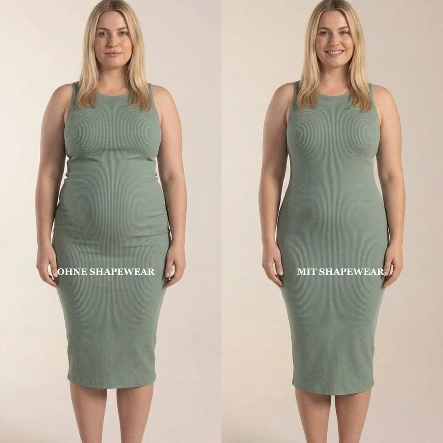 Salbeigrünes Rippkleid ohne und mit Shapewear darunter