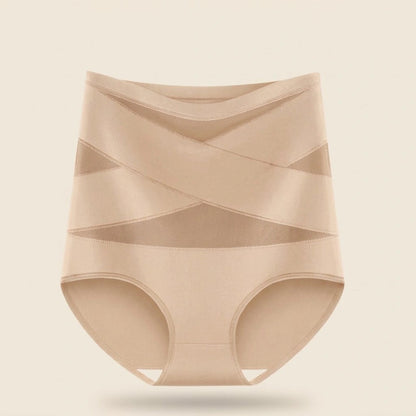 Lindea Postpartum-Slip in Beige – Produktansicht von vorne mit hohem Bund und gekreuzten Bändern