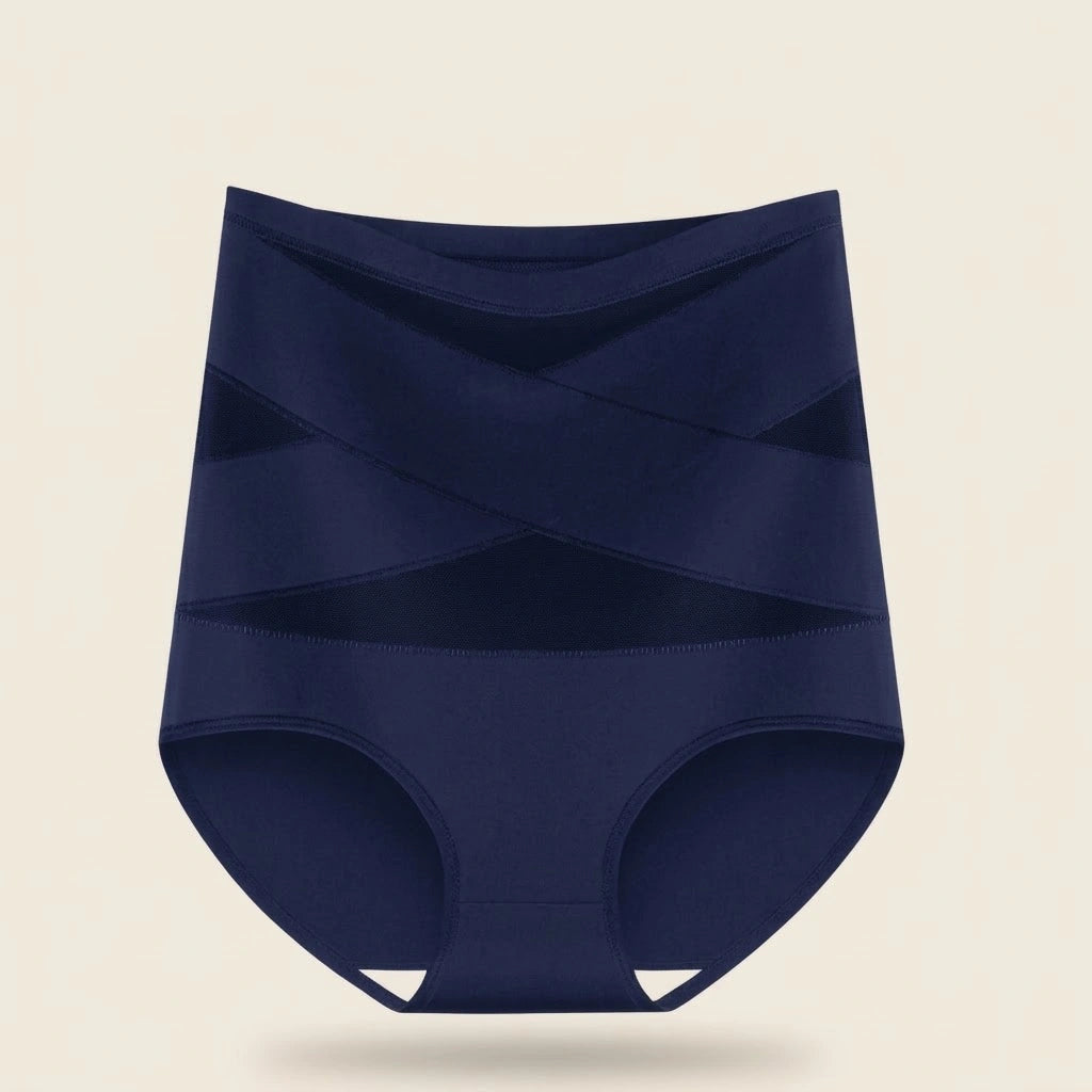 Lindea Postpartum-Slip in Navy – Produktansicht von vorne mit hohem Bund und gekreuzten Bändern