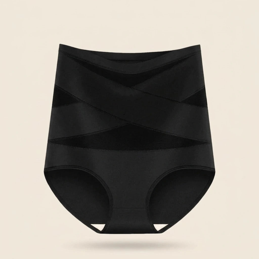 Lindea Postpartum-Slip in Schwarz – Produktansicht von vorne mit hohem Bund und gekreuzten Bändern