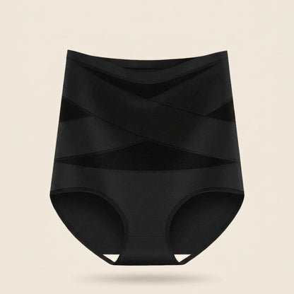 Lindea Postpartum-Slip in Schwarz – Produktansicht von vorne mit hohem Bund und gekreuzten Bändern